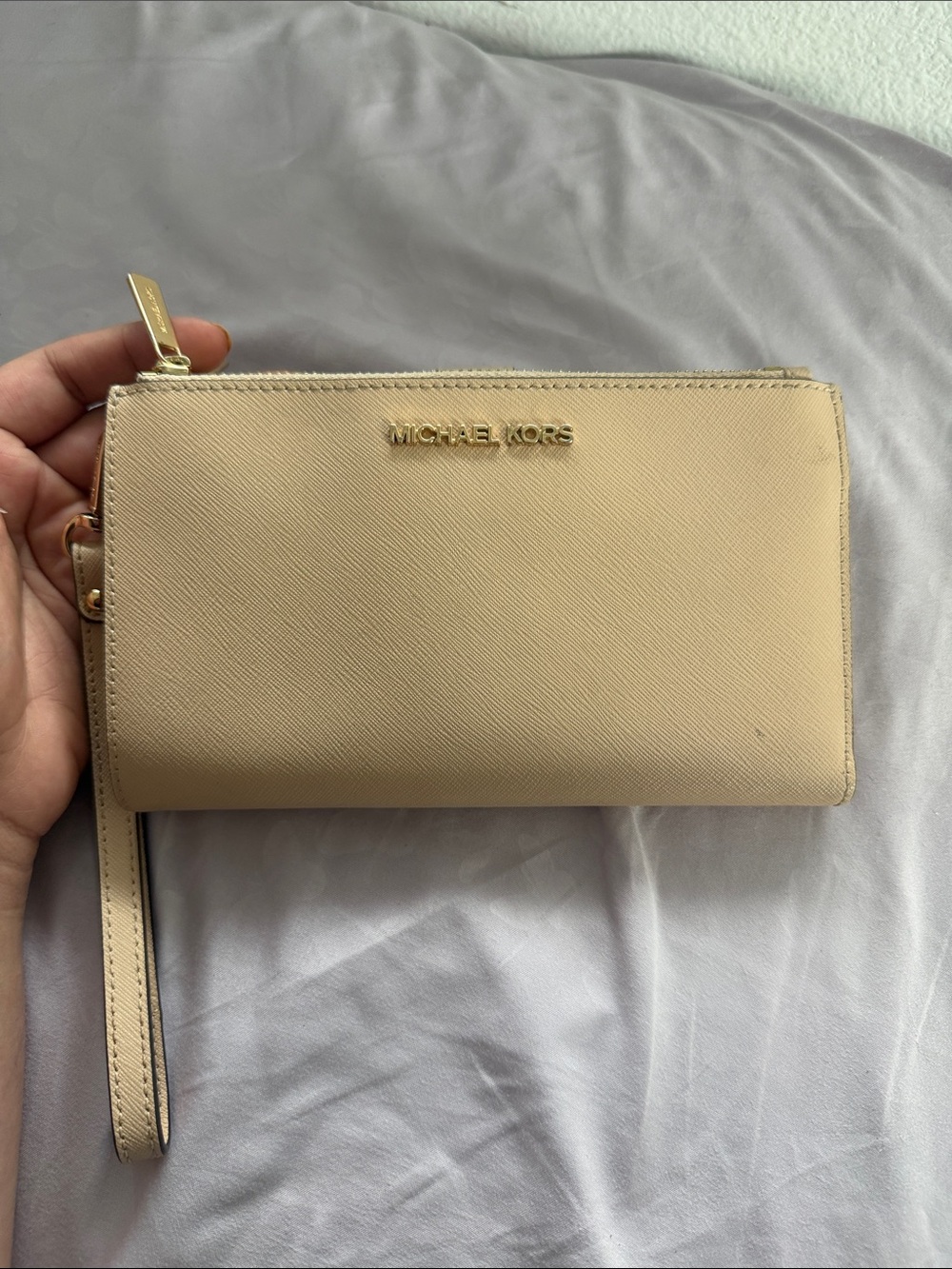 Michael Kors Cream Saffiano Leather Wristlet Clutch with Gold Hardware